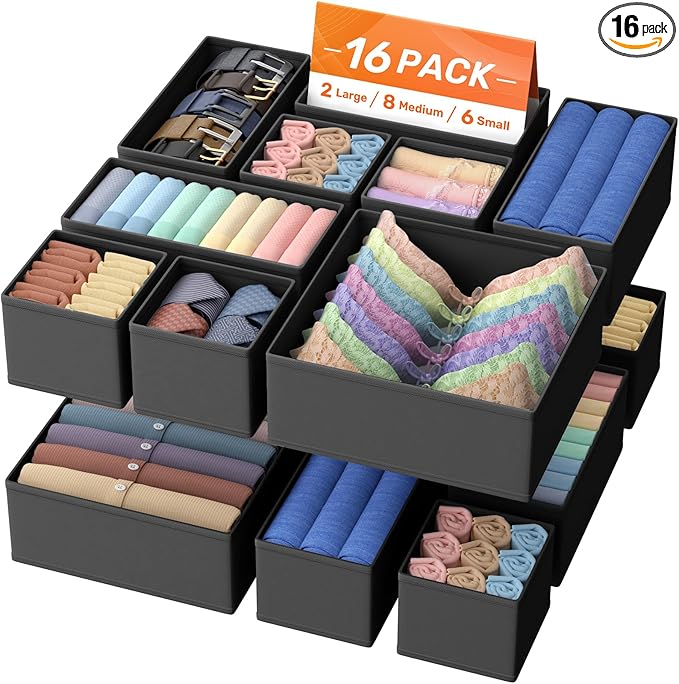 Drawer Organizer Clothes, 16 Pack Drawer Organizers and Underwear Organizer for Nursery, Dividers Clothes Organizer, Closet Organization and Foldable Storage Bins for Sock, Bra, Tie, Black