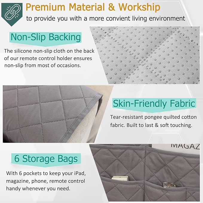 Remote Control Holder for Recliner Non-Slip Armchair Caddy Couch Armrest Organizer, Arm Chair Bedside Caddy Storage Organizer for Recliner Couch With 6 Pockets for Magazine, Tablet, Phone, iPad (Grey)