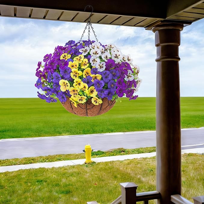 Ivydale 20 Bundles Fake Pansy Hanging Basket for Outdoor Decoration, Artificial Silk Pansies Hanging Plant, UV Resistant & Lifelike for Patio Garden (4-Mixed Color)