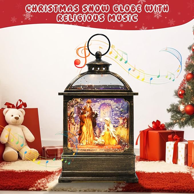 Christmas Snow Globe Lantern with Nativity Music Songs & 6H Timer Water Snow Globe Lantern USB & Battery Operated for Christmas Festival Decorations Gifts (Nativity)