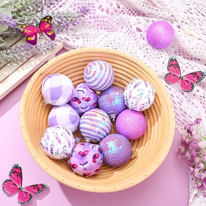 Zhanmai 12 Pcs Spring Balls Ornaments Butterfly Ball Hanging Decorations Lavender Flower Theme Ball Decorations for Holiday Easter Home Party Favors Decor(Spring)