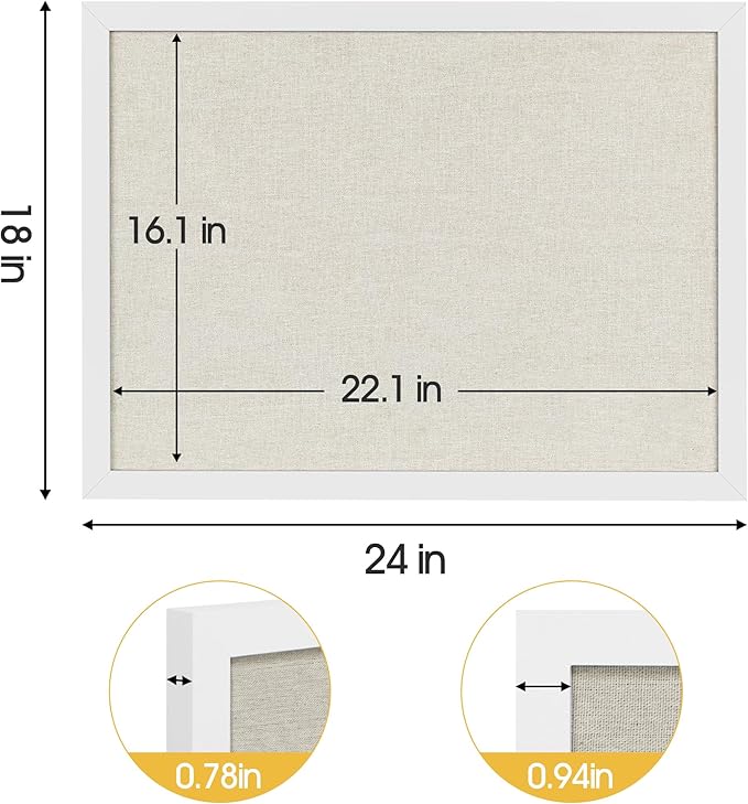 AKTOP White Cork Bulletin Board with Linen 18" X 24", Large Framed Corkboard for Wall, Hanging Pin Board Picture Board for Home Office Decor, Cute Vision Board with Pushpins
