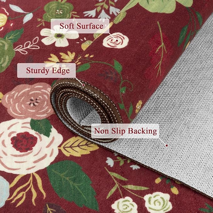 U'Artlines 6x9ft Red Christmas Area Rug Floral Rugs for Living Room,Non Slip Washable Rug Indoor Low Pile Floor Red Carpet for Bedroom, Dining Room,Classroom,Farmhouse,Office