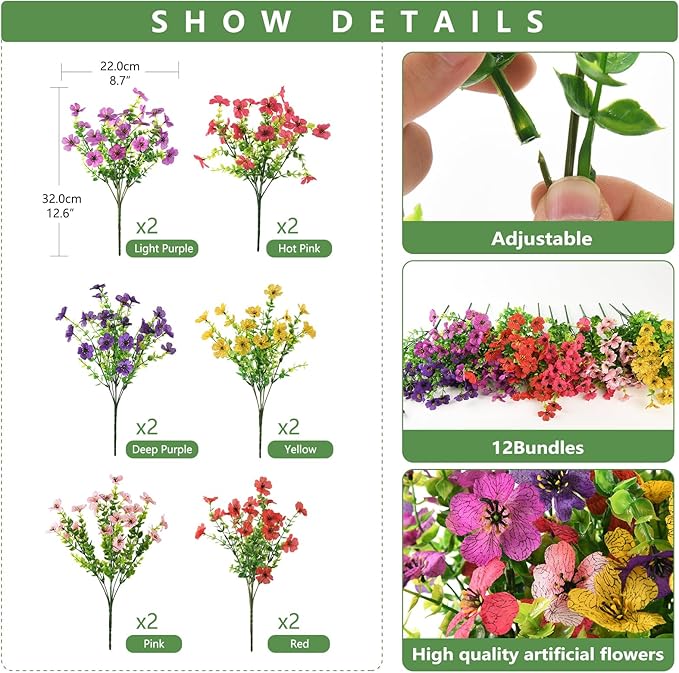 INQCMY Artificial Flowers for Outdoors Faux Plants Fake Flowers Spring Summer Decoration,12 Bundles Faux Silk Colorful Daisy Realistic UV Resistant for Outside Home Planter Window Porch Patio Yard