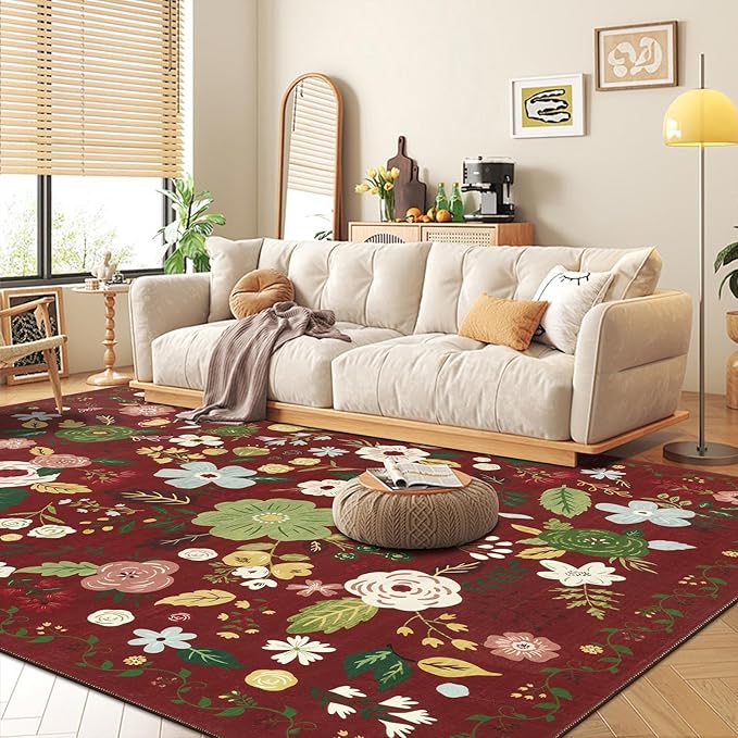 U'Artlines Red Christmas Area Rug 8x10,Floral Large Rugs for Living Room, Non Slip Non Shedding Floral Vintage Low Pile Carpet for Bedroom, Dining Room,Classroom,Farmhouse,Office (Red)