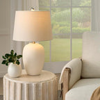 Nourison Home 23" Natural White Ceramic Jar Table Lamp for Bedroom, Living Room, Dining Office, with Off-White Shade