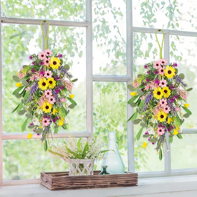 4 Pcs Spring Swags for Front Door, 23.6" Artificial Floral Teardrop Swags with Sunflowers Daisies Lavender, Spring Porch Decor Swag for Farmhouse Wall Window Cabinet Easter Decorations