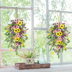 4 Pcs Spring Swags for Front Door, 23.6" Artificial Floral Teardrop Swags with Sunflowers Daisies Lavender, Spring Porch Decor Swag for Farmhouse Wall Window Cabinet Easter Decorations