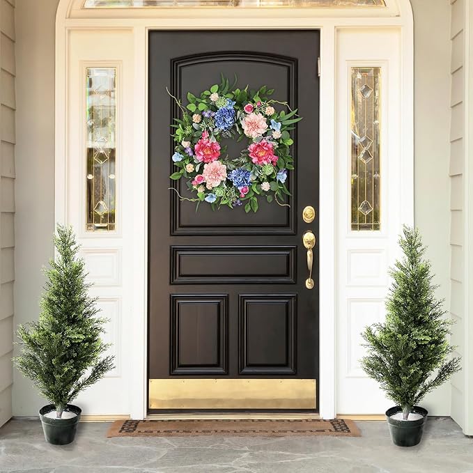 24 Inch Spring Wreaths for Front Door, Artificial Front Door Wreath with Daisy Peony Hydrangea Eucalyptus Green Leaves, Outside Floral Wreath for Home Porch, Home Decor for Indoor Outdoor Window Wall