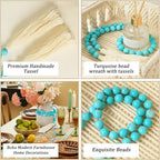 Gemstone Bead Garland with Tassel,31inch Farmhouse Rustic Country Table Decor Prayer Healing Beads Boho Wall Shelf Hanging Decoration (Turquoise Ball)