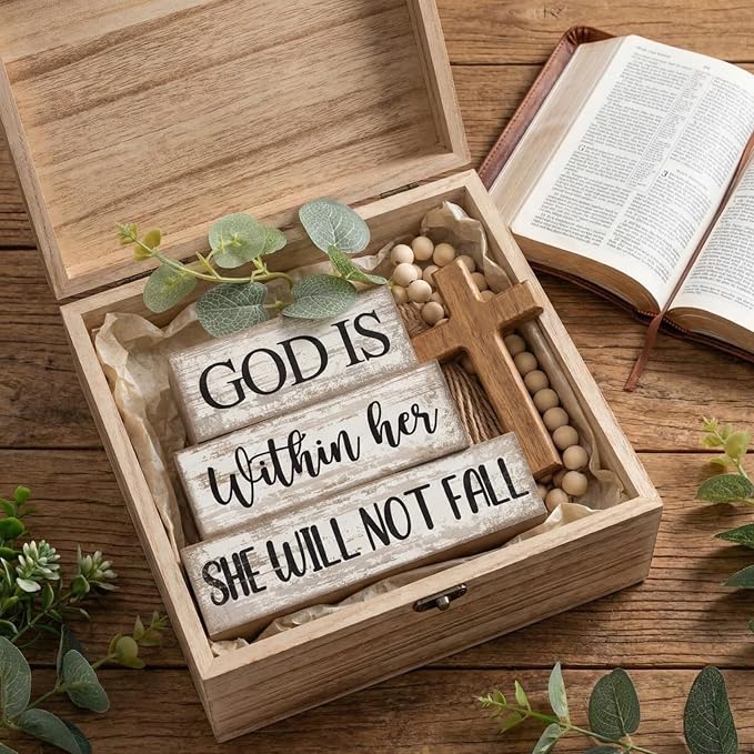 Lineshading 4 Pcs Christian Table Decor Inspirational Religious Gifts for Women God Is Within Her Bible Verse Wooden Block Signs Gift Farmhouse Christian Centerpiece for Mother's Day Home & Office