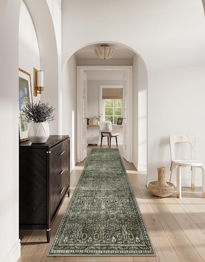 Lahome Dark Green Runner Rugs for Hallway 2x10, Washable Stain Resistant Kitchen Runner Rug 10ft, Rubber Backed Non Slip Carpet for Entryway Back Sliding Door