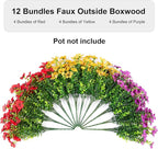 Artificial Flowers for Outdoors Potted Spring Decor, 12 Bundles Fake Summer Daisy with Realistic Eucalyptus Leaves, Faux Plants for Greenery Boxwood Porch Patio Garden Pot Lawn(Red Purple Yellow)