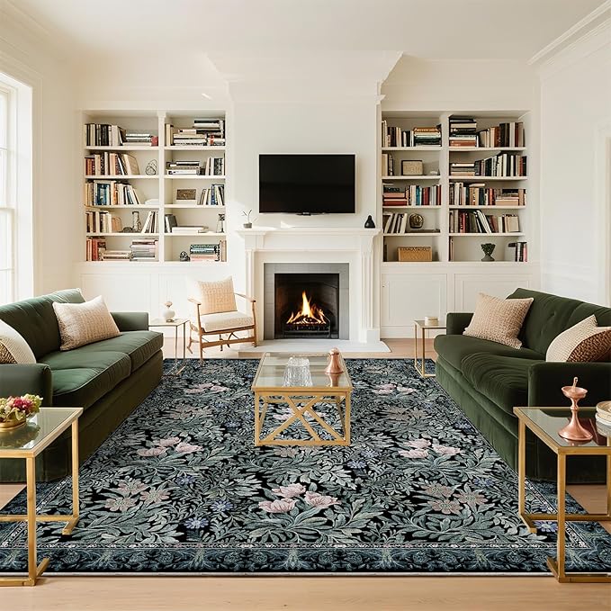 Washable Area Rugs 9x12 Black Green Vintage Floral Botanical Pattern,Perfect for Living Room, Bedroom, Kids Room, Nursery - Stain & Water Resistant Non-Slip, Pet & Child Friendly/Bedroom Decor