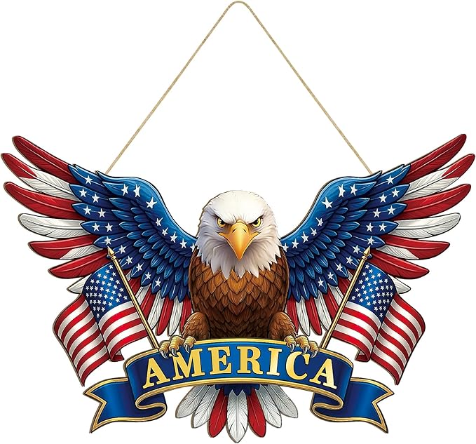 Wooden 4th of July Decoration Door Wreath for Front Door Sign America Eagle Wall Signs,250 Anniversary Independence Day Patriotic Day Wreath Welcome Memorial Day Hanging for Home Party Outdoor Indoor