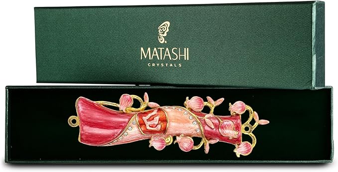 Matashi Hand Painted Mezuzah Gold Plated and Crystals (Red & Pink Enamel Mezuzah)