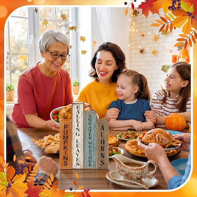 Lineshading 4 Pcs Fall Decoration Wooden Book Autumn Table Decoration Pumpkin Falling Leaves Acorns Tiered Tray Decor Wood Book Sign Farmhouse for Autumn Home Shelf Coffee Table