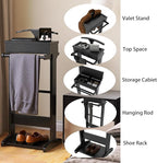 Mens Valet Stand with Top Tray Organizer, Shoe Shelf and Suit Rack, Wooden Clothes Valet Stand for Bedroom Entryway (Black)