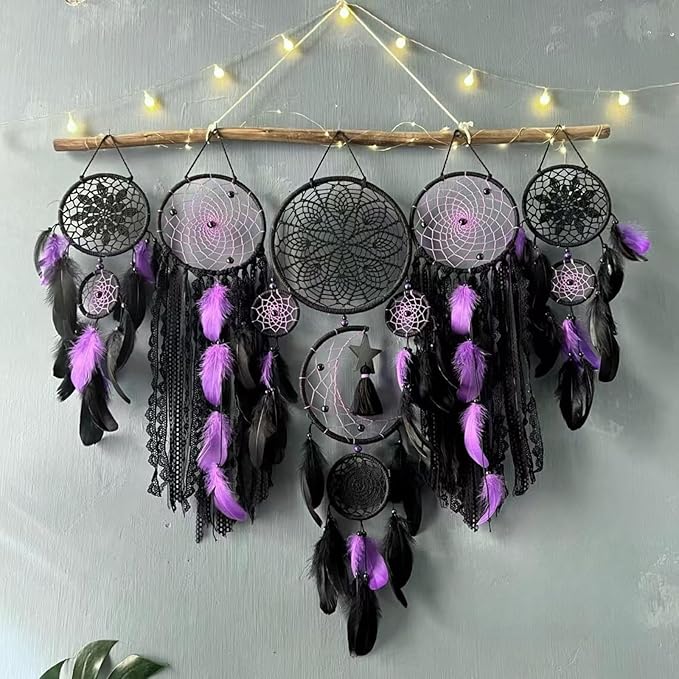 Set of 5 Boho, Hanging Large Boho Dream Catcher Wall Hanging Moon Dream Catcher Set Dream Catchers Wall Decor for Vintage Wedding Home Decorations (Black Purple)