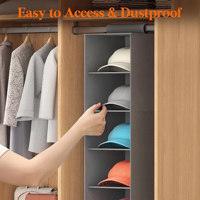 Lifewit Hat Organizer for Baseball Caps, Hat Rack Hanging Storage, Non-Woven Fabric Display Shelf Holds Up to 40 Hats, Cap Holder Hanger for Closet, Bedroom, 7 Compartments, Gray, 2 Pack