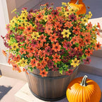 Artificial Flowers for Outdoors 12 Bundles Fake Plants Spring Home Decoration, Realistic Faux Flower Silk Daisy with Eucalyptus Stem UV Resistant Patio Planter Porch Yard Window (Yellow Brown Orange)