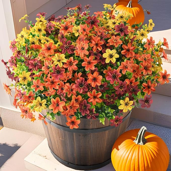Artificial Flowers for Outdoors 12 Bundles Fake Plants Spring Home Decoration, Realistic Faux Flower Silk Daisy with Eucalyptus Stem UV Resistant Patio Planter Porch Yard Window (Yellow Brown Orange)