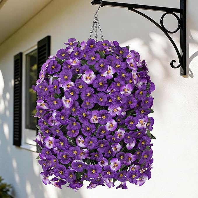 HyeFlora Artificial Flowers for Outdoors 2pcs Faux Silk Pansy Vines Lush UV Resistant Fake Hanging Flower Plants for Outside Porch Yard Patio Window Box (Mix Purple)