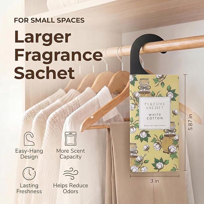 ROSE COTTAGE Large 12 Packs White Cotton Hanging Closet Deodorizer Air Freshener Long Lasting Scented Sachets Smell Goods for House
