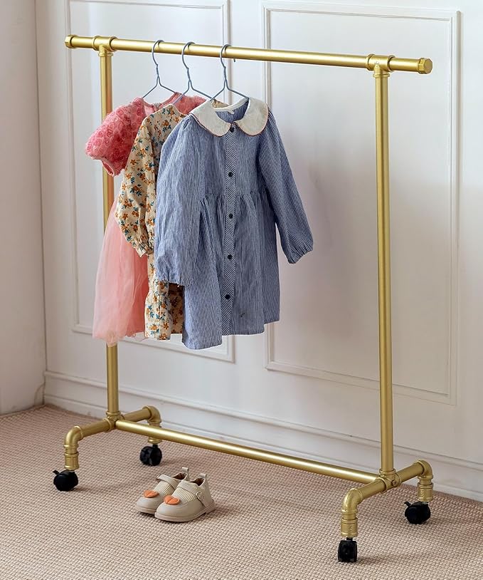 Kids Clothing Racks,Child Dress up Racks with Hooks, Metal Pipes Costumes Garment Hanging Racks,Small Rolling Clothes Racks,Freestanding and Portable Heavy Duty Kids Closet,Gold