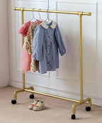 Kids Clothing Racks,Child Dress up Racks with Hooks, Metal Pipes Costumes Garment Hanging Racks,Small Rolling Clothes Racks,Freestanding and Portable Heavy Duty Kids Closet,Gold