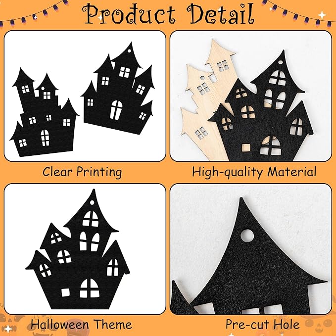 Haooryx Halloween Haunted House Wooden Ornaments - 36 Pcs Black Eerie Haunted House Themed Pendants Wood Craft Gift Tags Hanging Ornament with Ropes for Halloween Party Haunted House Decoration Supply
