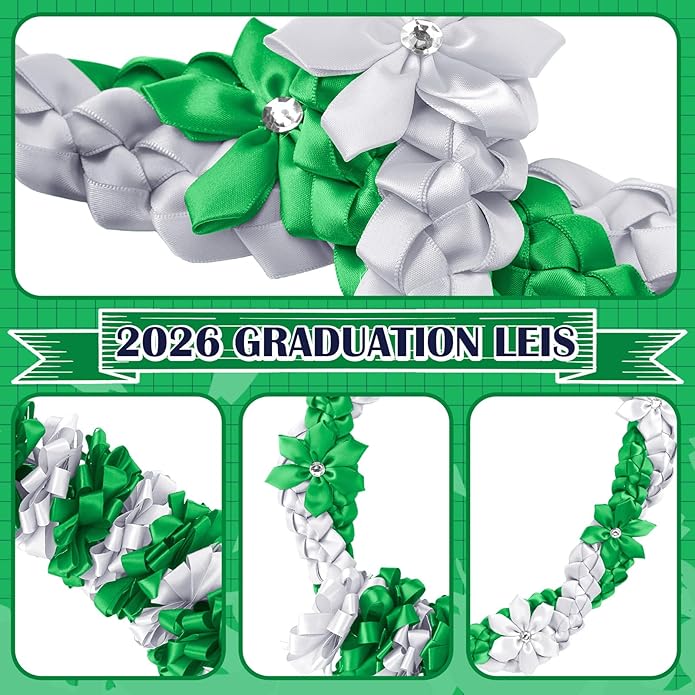 Canlierr Graduation Leis Class of 2026 Grad Ribbon Leis Double Braided Necklace Hawaiian Flower Garland with Heart Kukui Nut for Man Woman Graduation Party Supplies