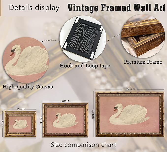 Vintage Gold Framed Wall Art Retro White Swan Cottagecore Canvas Print Neutral Moody Bird Painting Picture Rustic Farmhouse Pink Antique Swan Poster Artwork for Living Room Bedroom
