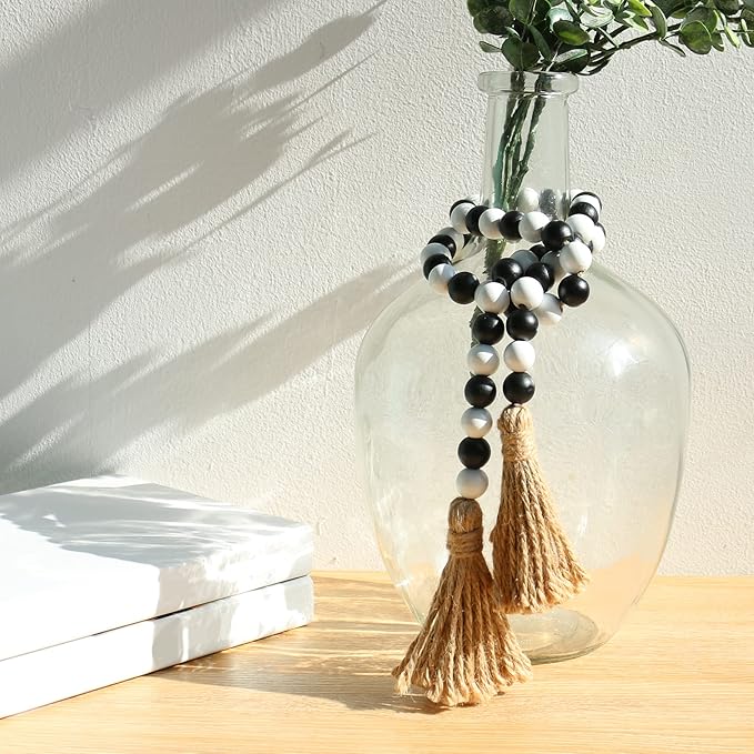 Meplait Wood Bead Garland - 39in Farmhouse Beads with Tassels for Tiered Tray Decor - Black & White