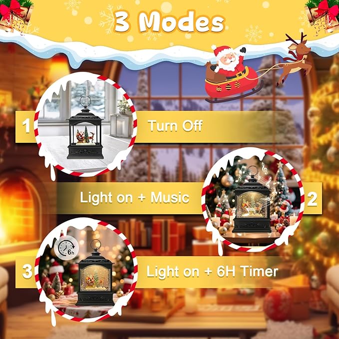 Christmas Snow Globe Lantern Water Glittering Santa Snow Globe with Music and Timer, USB Lined/Battery Operated, Christmas Eve Decorations Gifts, Lighted Lantern for Christmas Festival Decoration