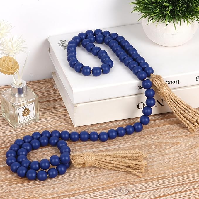58in Wood Bead Garland with Tassels, Farmhouse Rustic Country Decor Prayer Boho Wall Hanging Decoration (Navy Blue)