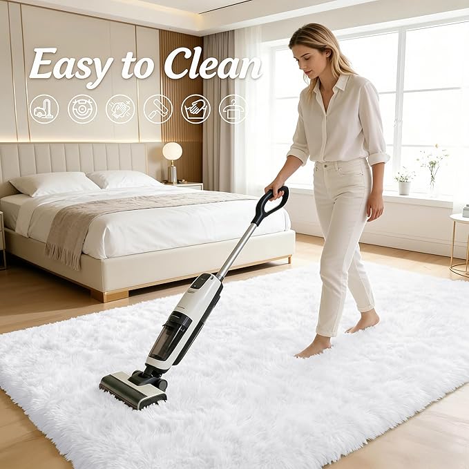 OLANLY 7x10 Machine Washable Large Area Rugs for Living Room, Bedroom, Soft Fluffy Shaggy Bedside Rug, Indoor Floor Carpet for Kids Girls and Boys, Dorms, Nursery, Home Decor Aesthetic, White