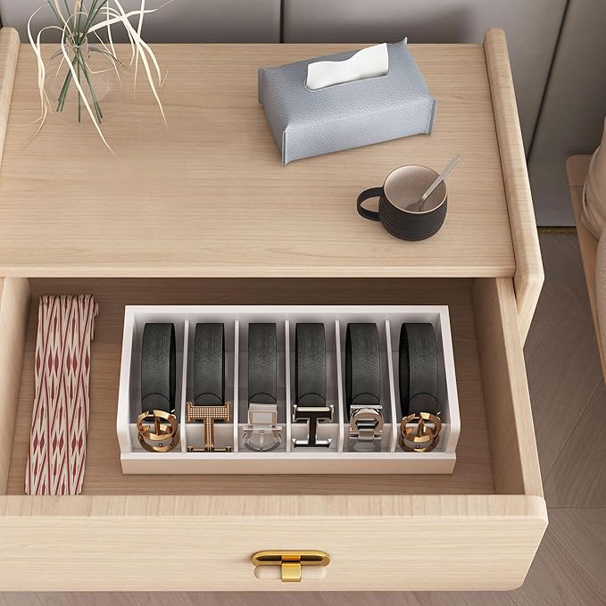 Belt Organizer for Closet - 6 Grids White Bamboo Belt Storage Organizer Racks for Men Women's Drawer, Belt Display Holder Wall Mount with 2 Pcs Tie Clip