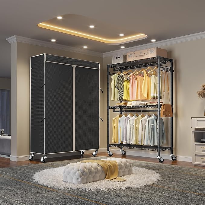 VIPEK R2C Plus Heavy Duty Rolling Garment Racks with Cover Clothing Rack for Hanging Clothes Portable Closet with Adjustable Wire Shelving & Double Rods, Black Rack with Black Upgraded Polyester Cover