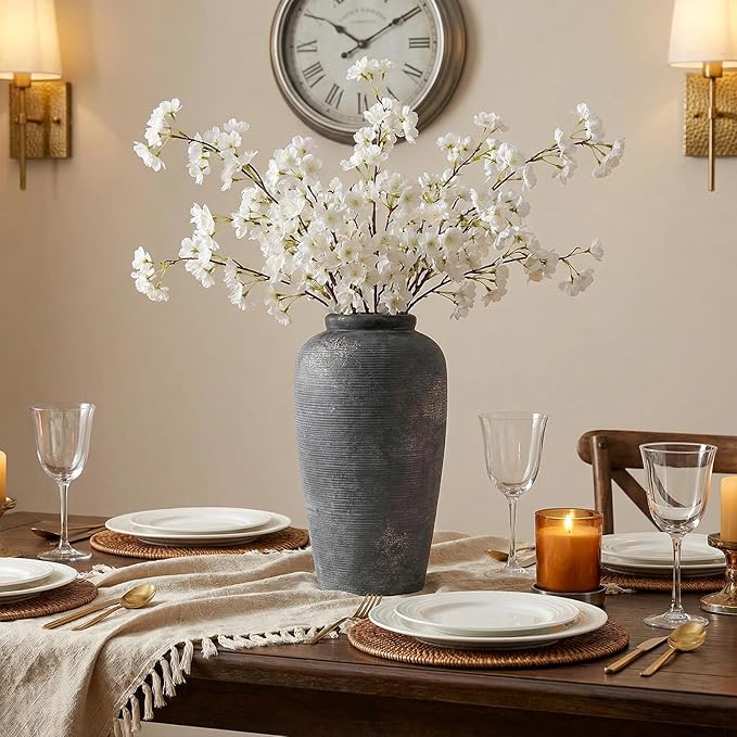 Rustic Distressed Ceramic Threaded Vase, 11"H Handmade Wabi Sabi Decor Vase (Deep Charcoal with Light Gray Weathering and Wheat Beige Patches) for Living Room Table Centerpieces, Entryway & Fireplace