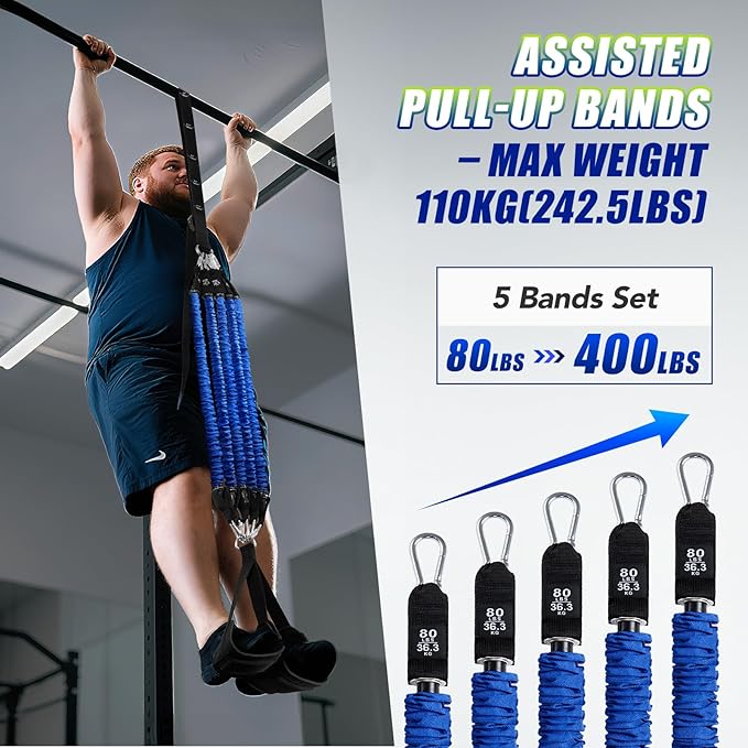 Pull Up Assistance Bands with Foot Support Pedal - Upgraded Heavy Duty Resistance Bands Adjustable Weight/Height with 80Lbs Bands&Measured Strap for Strength Training Home Gym