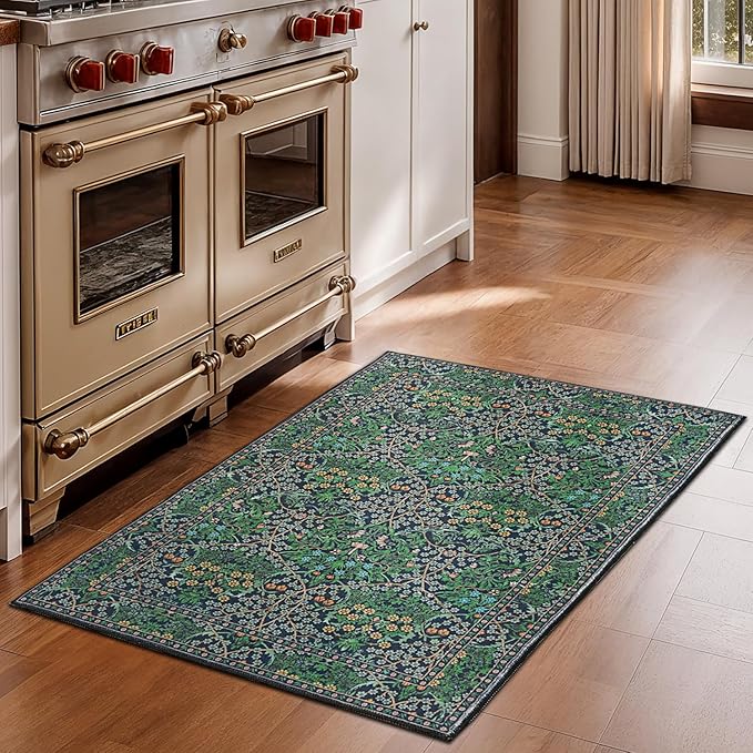 Lessymo Washable Entryway Rug 2x3, Front Door Mat Indoor Non-Slip Bathroom Small Area Rugs for Kitchen Bedroom Entry, Vintage Forest Floral Design, Forest Green
