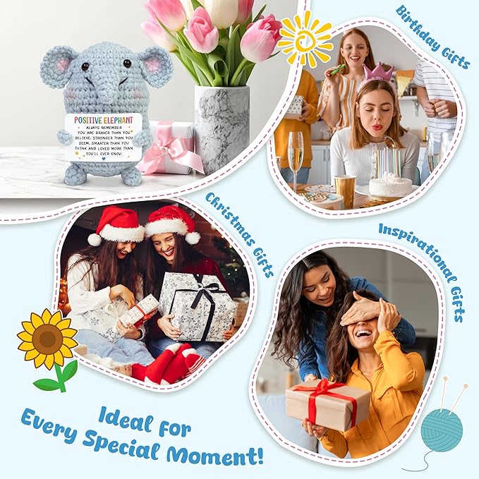 OASSIE Thank You Gifts for Women - Mini Positive Crochet Animals Elephant - Inspirational Birthday Preschool Kindergarten Graduation Gifts Trendy Stuff for Teen Boys Girls Kids Friend Daughter Sister