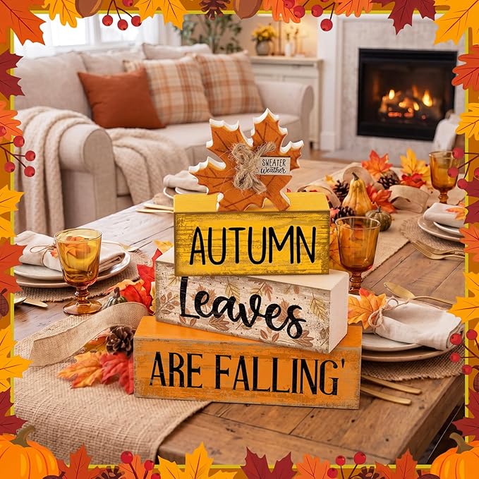 Lineshading 4 Pcs Fall Decoration for Home Wooden Maple Leaf Thanksgiving Table Centerpiece Rustic Thanksgiving Tiered Tray Decor Decorative Autumn Leaves Block Sign Farmhouse Autumn Decor for Kitchen