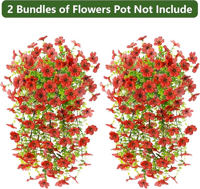 Homsunny Artificial Fake Hanging Flowers Plants for Outdoor Spring Decorations, 2 PCS Faux Daisy Silk Flower Outside No Fade UV Resistant Realistic Home Decor for Porch Patio Window Box (Red