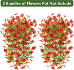Homsunny Artificial Fake Hanging Flowers Plants for Outdoor Spring Decorations, 2 PCS Faux Daisy Silk Flower Outside No Fade UV Resistant Realistic Home Decor for Porch Patio Window Box (Red