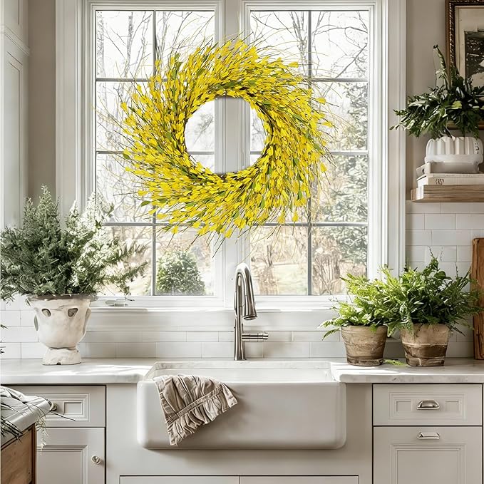 GTIDEA 26 Inch Spring Wreaths for Front Door Large Spring Door Wreath Wild Floral Summer Forsythia Flower Wreaths Outside All Season for Farmhouse Porch Wedding Living Room Home Easter Decor (Yellow)