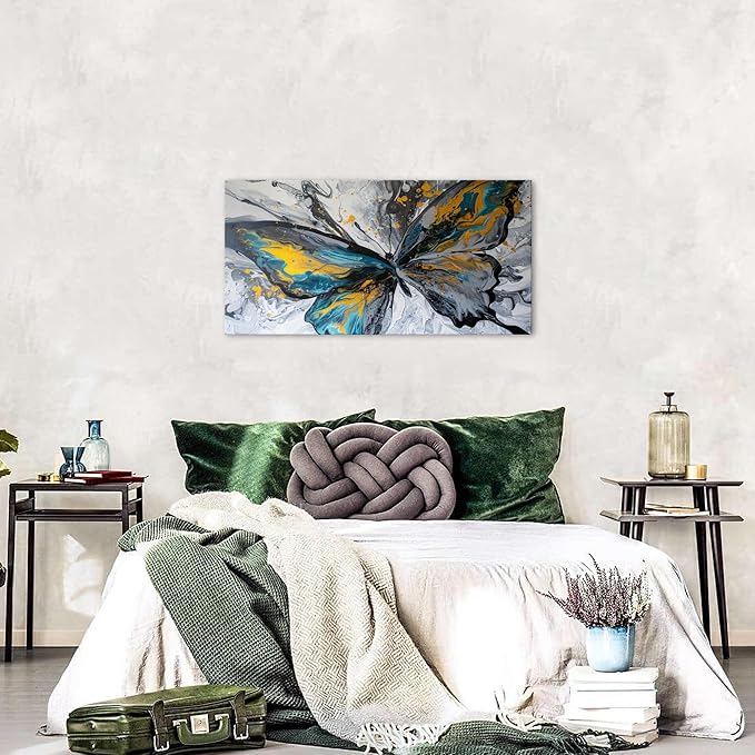 Abstract Butterfly Wall Art Teal Grey Yellow Butterfly Wall Decor Modern Marble Textured Canvas Poster Luxury Fluid Pictures Watercolor Neutral Artwork for Living Room Bedroom Home Decoration 20x40"