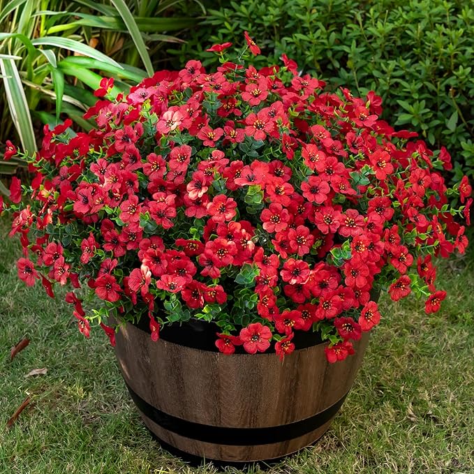Lnoicy 20 Bundles Artificial Flowers for Outdoor Fake Plants for Spring Decoration,Faux Eucalyptus Flowers for Planter UV Resistant Lifelike for Home Porch Garden（Red）