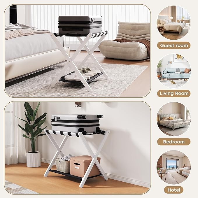 26.77" Full Assembled Luggage Rack for Guest Room, Set of 2 Bamboo Foldable Suitcase Stand, Bedroom & Hotel, Folding Luggage Holder with 5 Nylon Straps, 600D Oxford Fabric Shelf White